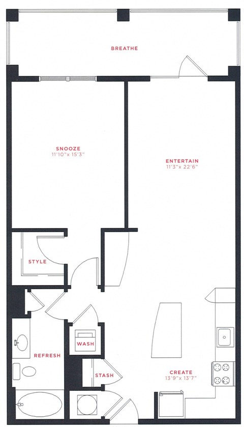 Floor plan for 1 bed, 1 bath, 842 sqft